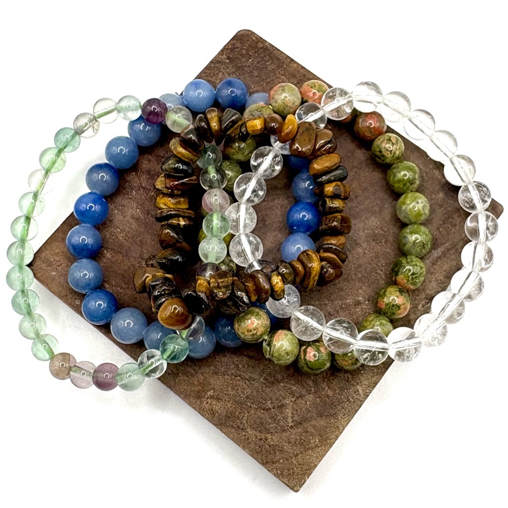 Lot of 5 Multicolor Natural Crystal Beaded Elastic Bracelets